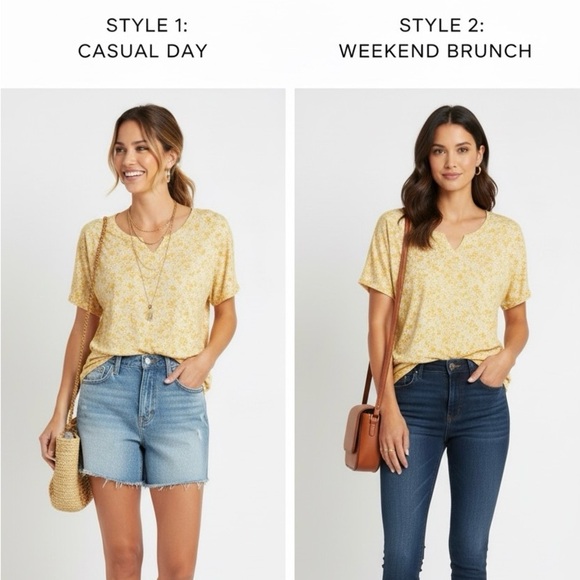 Croft & Barrow Light Yellow Floral Short Sleeve Top - Picture 7 of 7